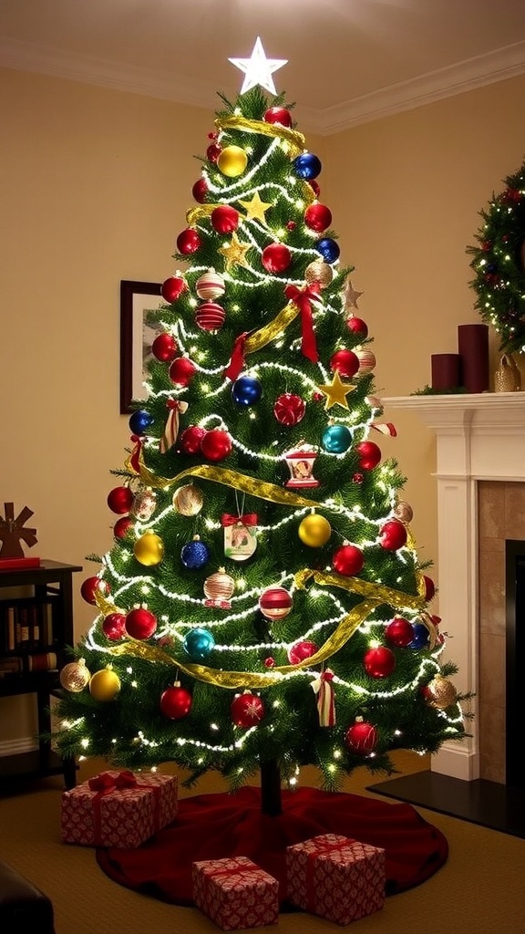 A tall, slim pencil Christmas tree decorated with lights and ornaments in a cozy living room.